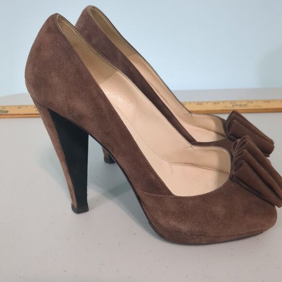 PRADA Womens Size US 5 EUR 35 Brown Suede Flap Platform Pumps Open Toe Italy - Picture 3 of 6